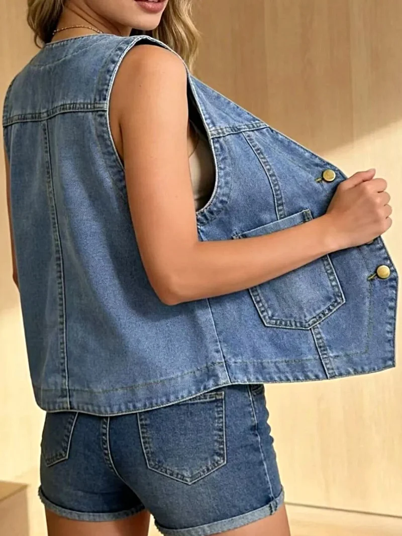 Elegant denim vest met knoopsluiting en zakken voor dames in grote maten - gemaakt van een katoenmix.