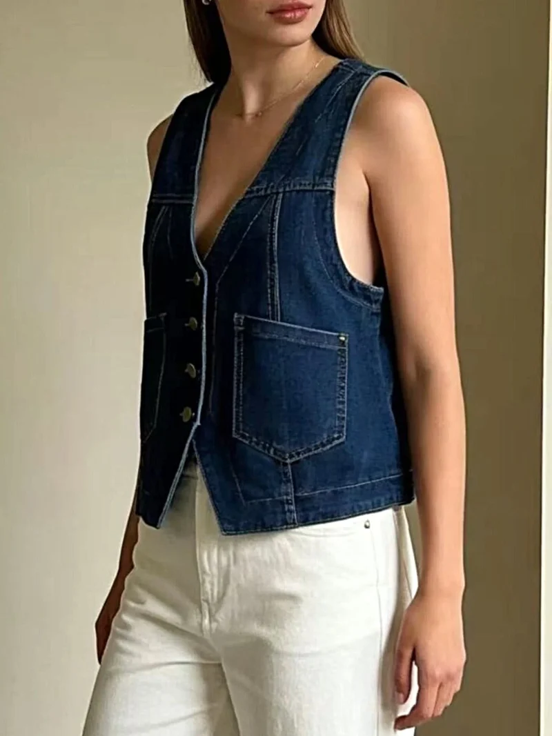 Elegant denim vest met knoopsluiting en zakken voor dames in grote maten - gemaakt van een katoenmix.