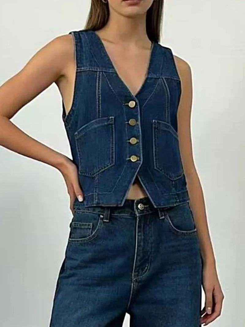 Elegant denim vest met knoopsluiting en zakken voor dames in grote maten - gemaakt van een katoenmix.