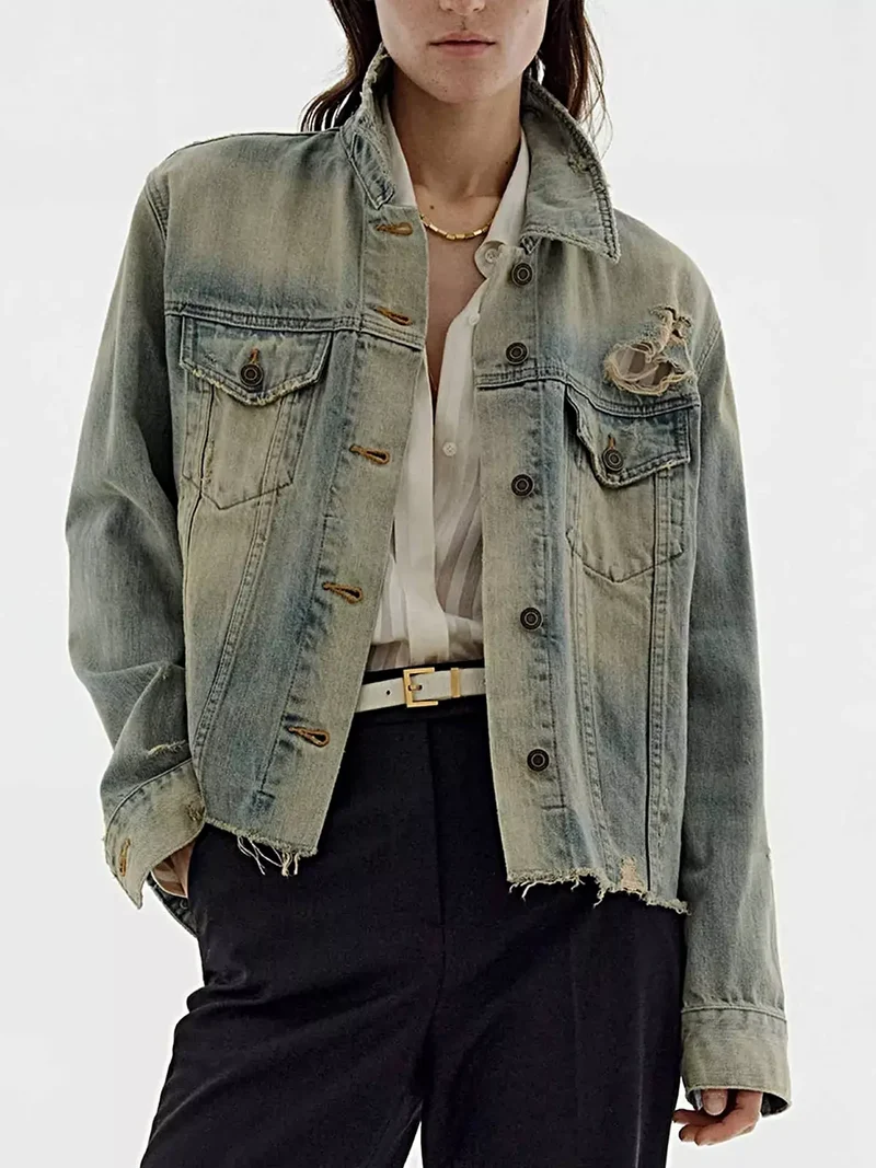 Stijlvol denim jack met een verwassen look en knoopsluiting - 85% katoen, 15% polyester.