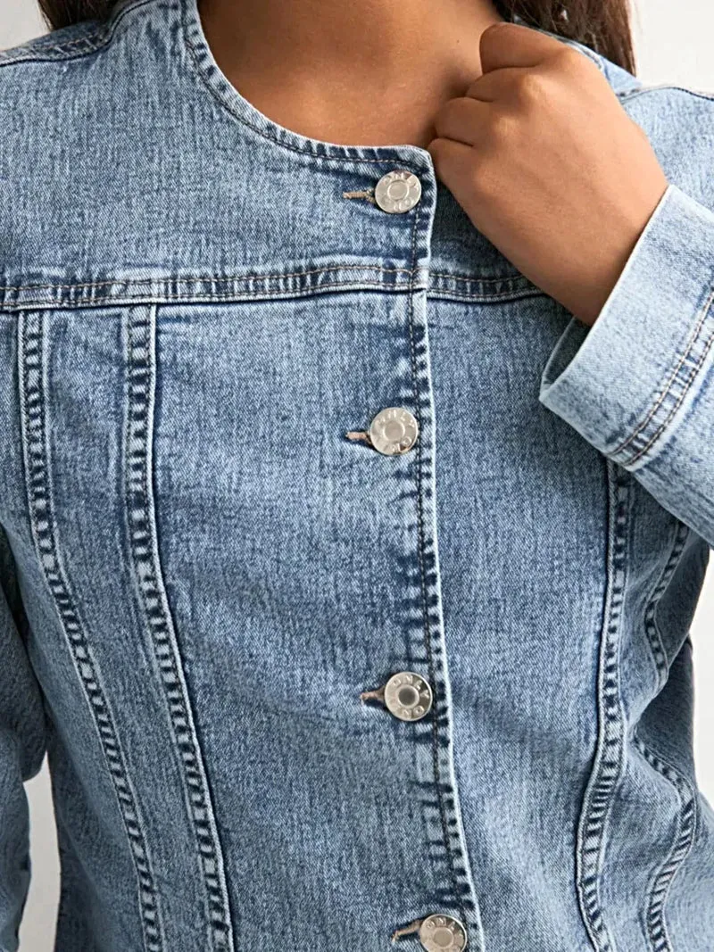 Klassiek denimjack voor dames - Tijdloze stijl met knoopsluiting en 85% katoen voor optimaal comfort.
