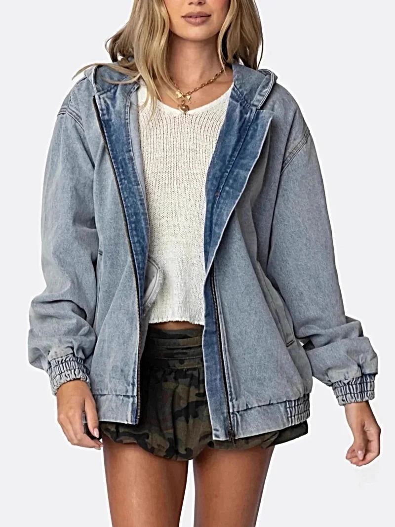 Luxe denimjas met capuchon - oversized pasvorm, ritssluiting, 85% katoenmix