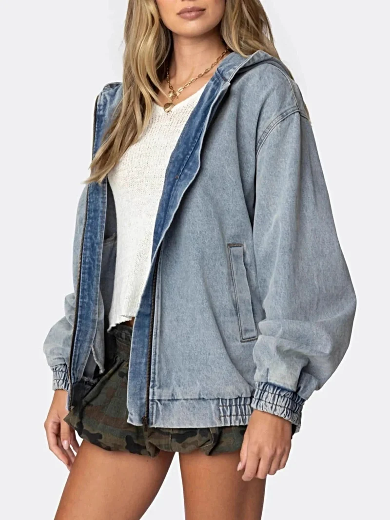 Luxe denimjas met capuchon - oversized pasvorm, ritssluiting, 85% katoenmix