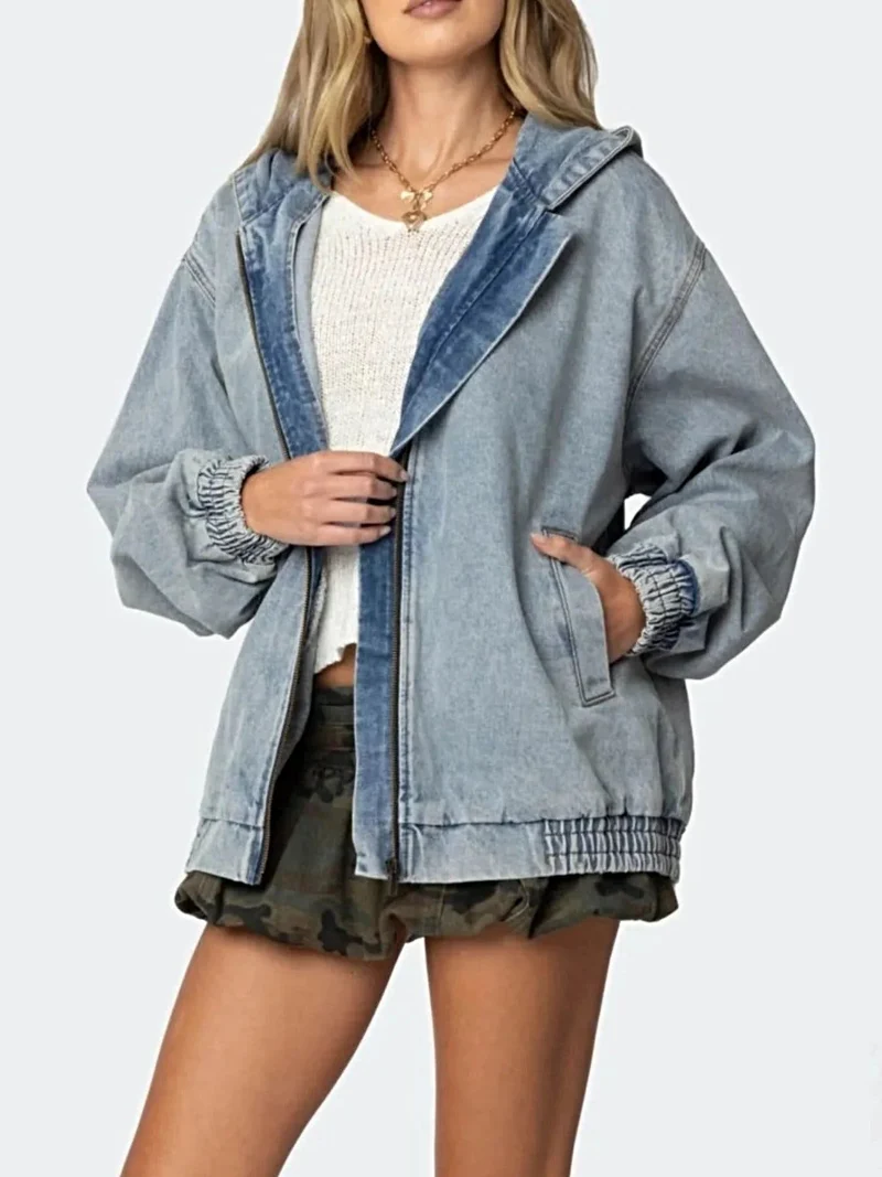 Luxe denimjas met capuchon - oversized pasvorm, ritssluiting, 85% katoenmix