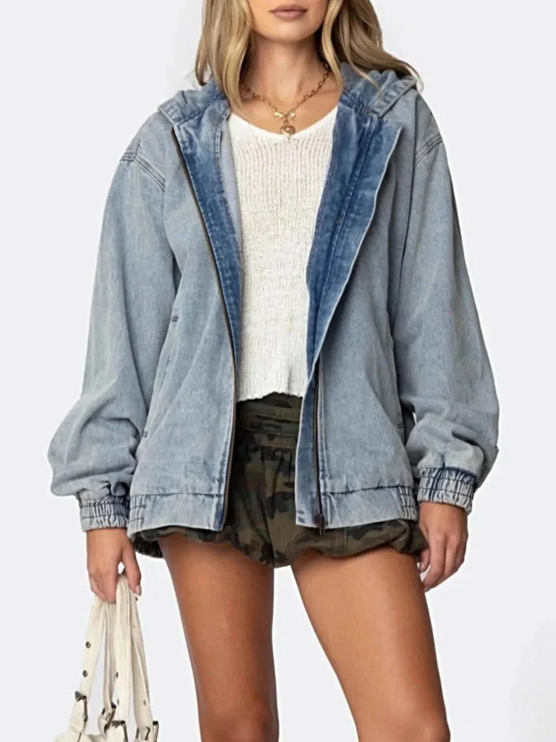 Luxe denimjas met capuchon - oversized pasvorm, ritssluiting, 85% katoenmix