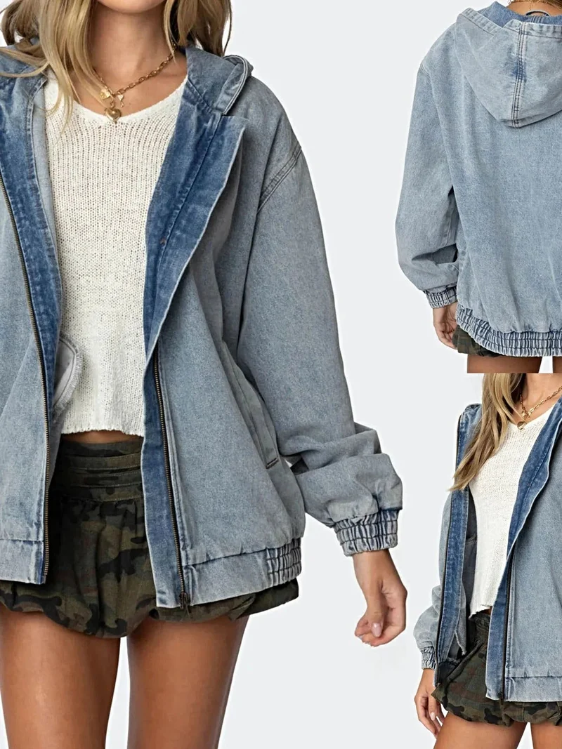 Luxe denimjas met capuchon - oversized pasvorm, ritssluiting, 85% katoenmix