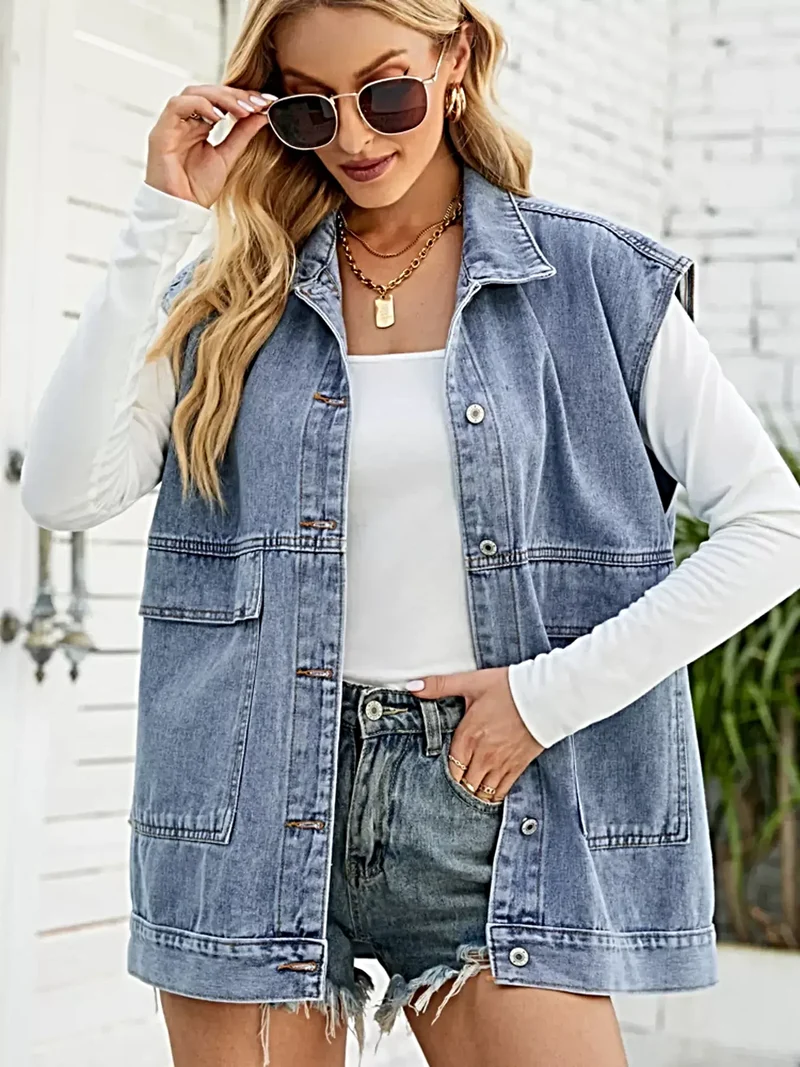 Trendsi mouwloos denimjack met zakken – stijlvol en veelzijdig voor een moeiteloos chique look.