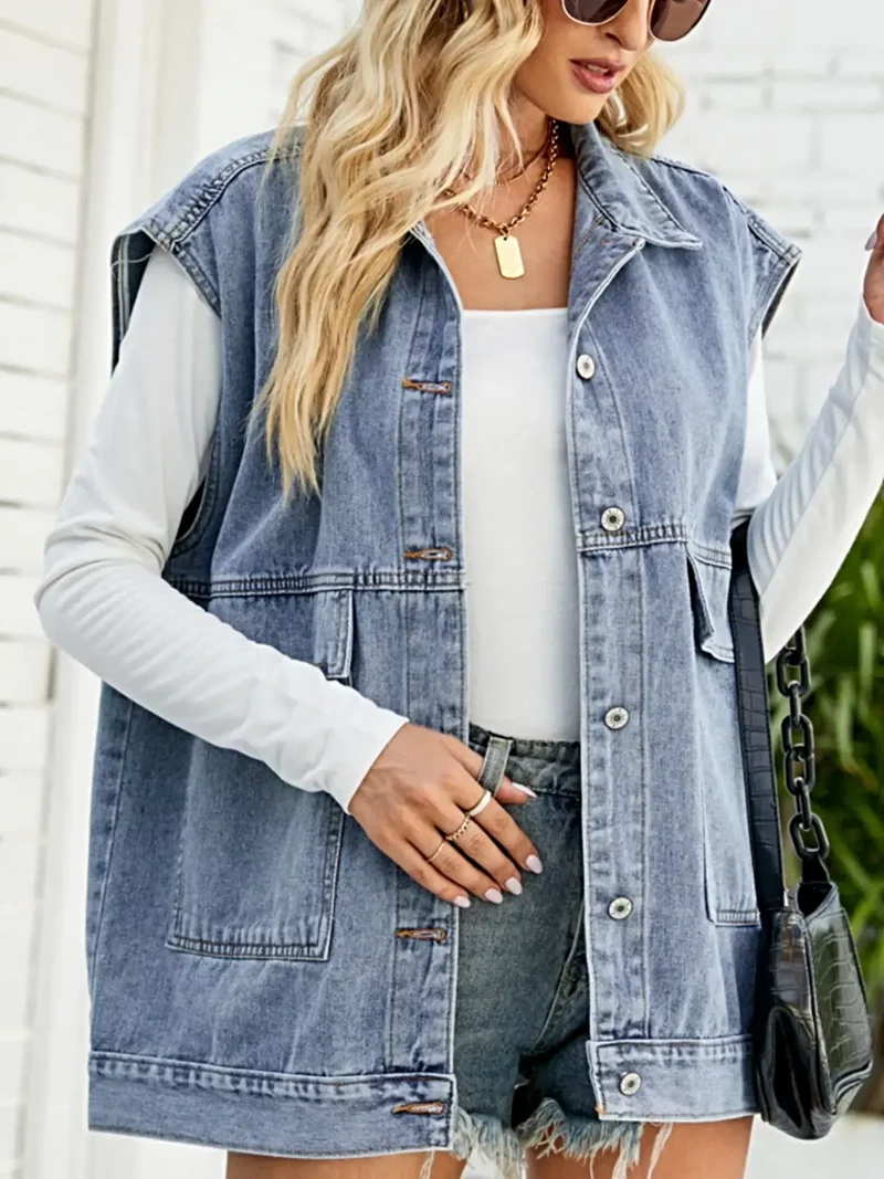 Trendsi mouwloos denimjack met zakken – stijlvol en veelzijdig voor een moeiteloos chique look.