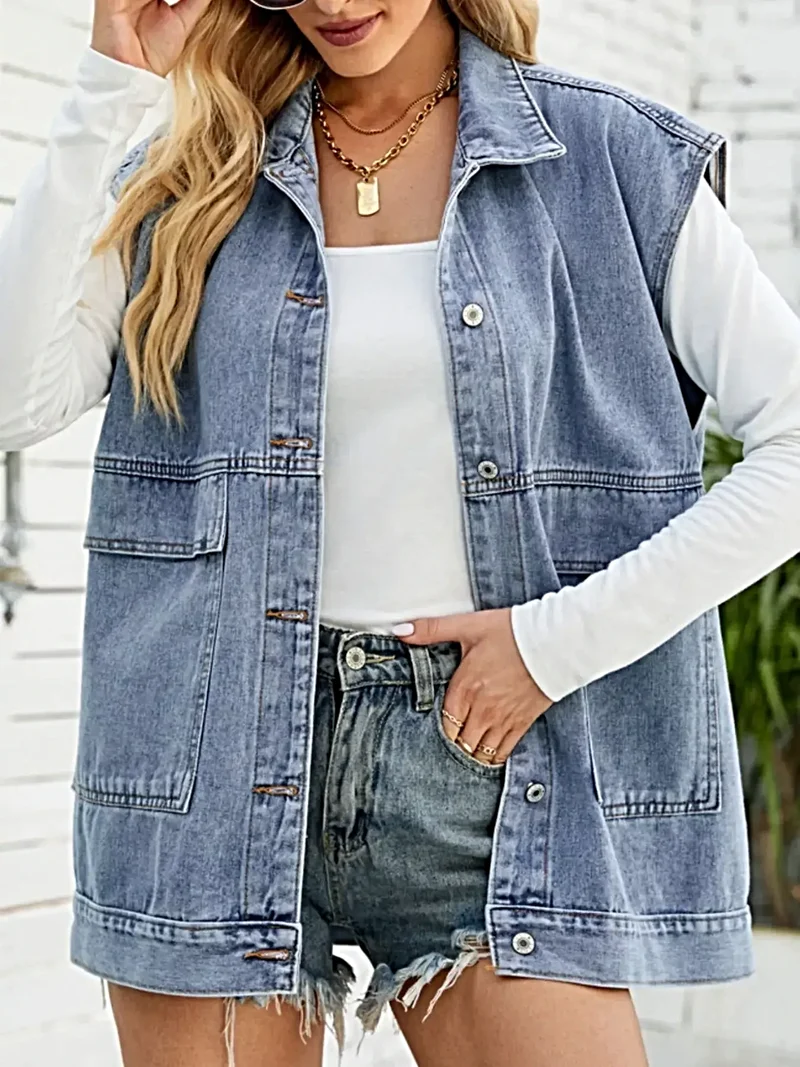 Trendsi mouwloos denimjack met zakken – stijlvol en veelzijdig voor een moeiteloos chique look.