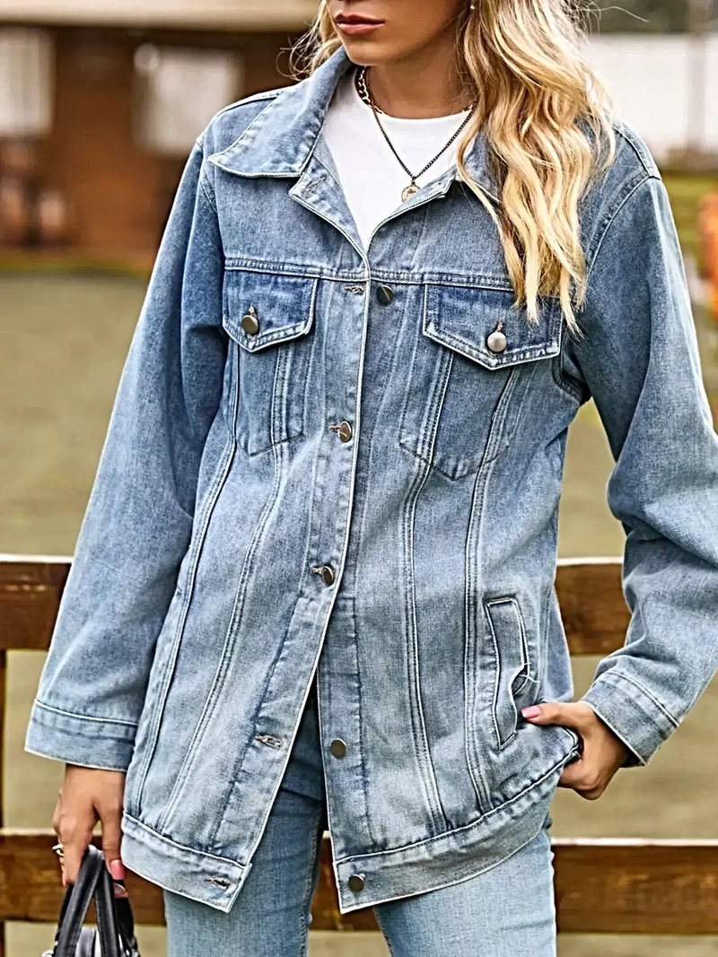 Stijlvol damesjack van gewassen denim - met knoopsluiting, zakken, 95% polyester