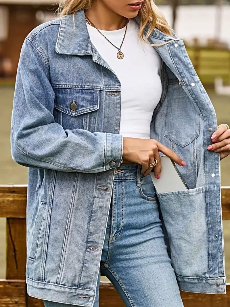 Stijlvol damesjack van gewassen denim - met knoopsluiting, zakken, 95% polyester
