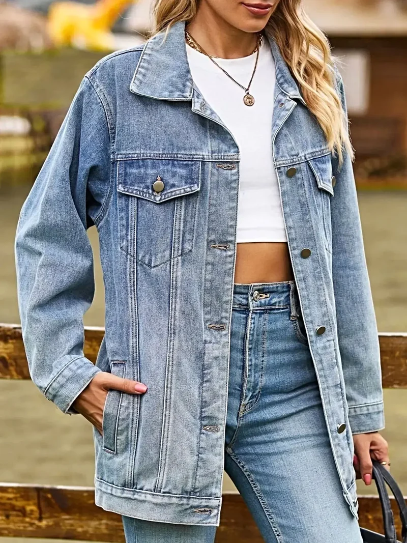 Stijlvol damesjack van gewassen denim - met knoopsluiting, zakken, 95% polyester