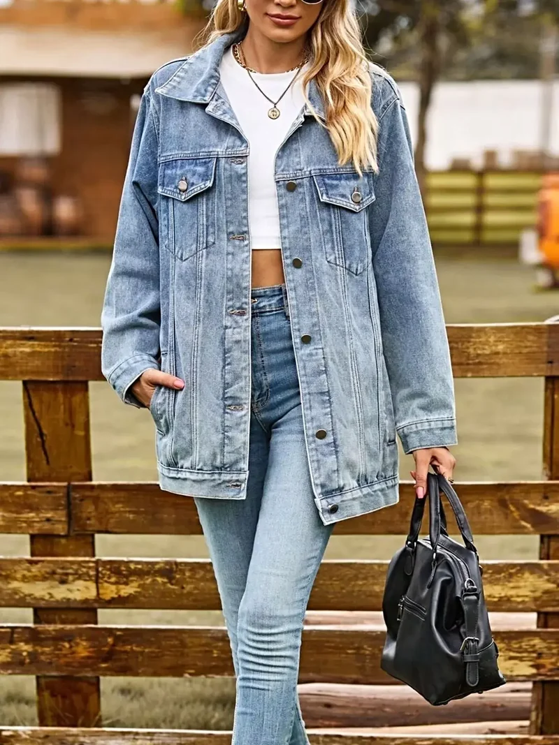 Stijlvol damesjack van gewassen denim - met knoopsluiting, zakken, 95% polyester