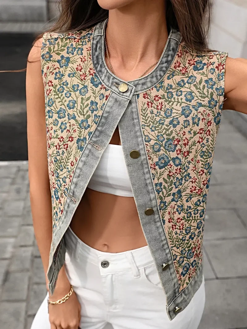 Elegant vest met bloemenborduurwerk - Top van 95% rayon denim voor stijlvolle vrouwen