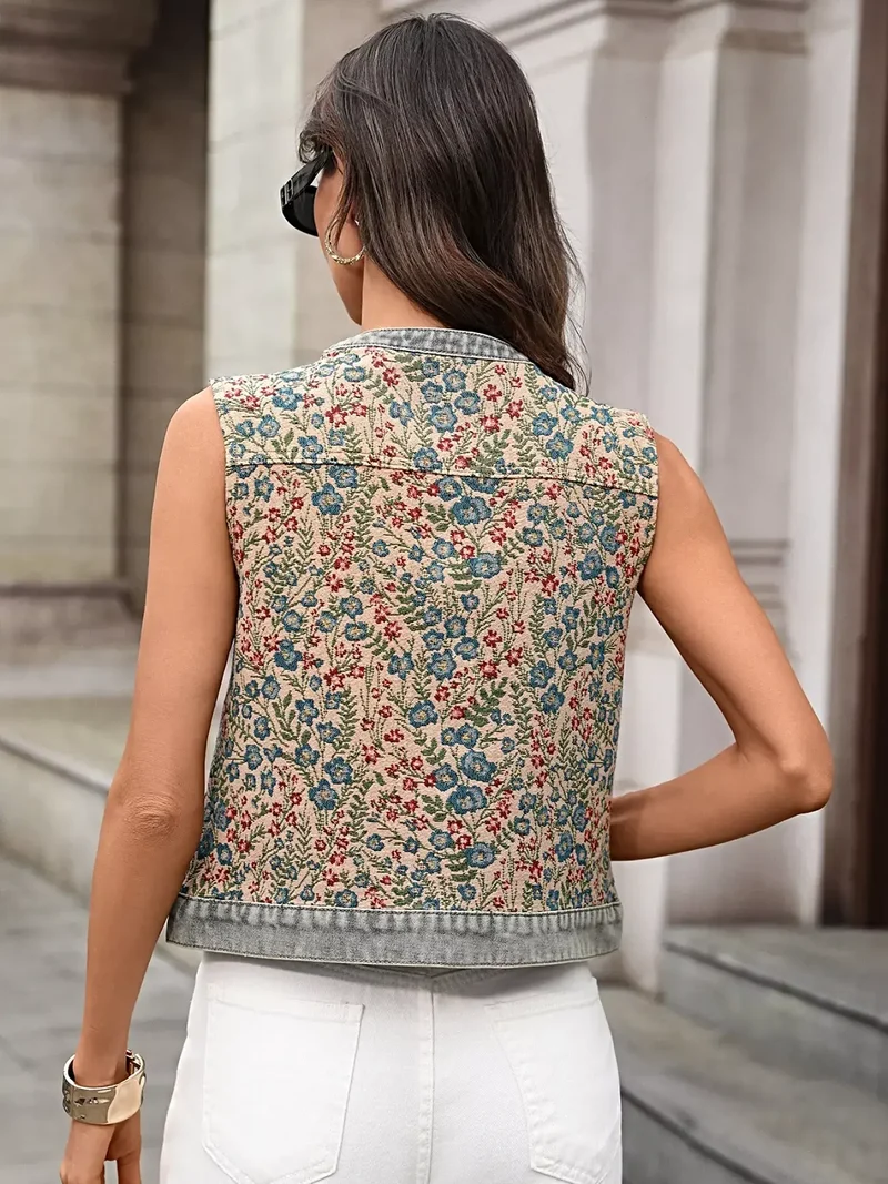 Elegant vest met bloemenborduurwerk - Top van 95% rayon denim voor stijlvolle vrouwen