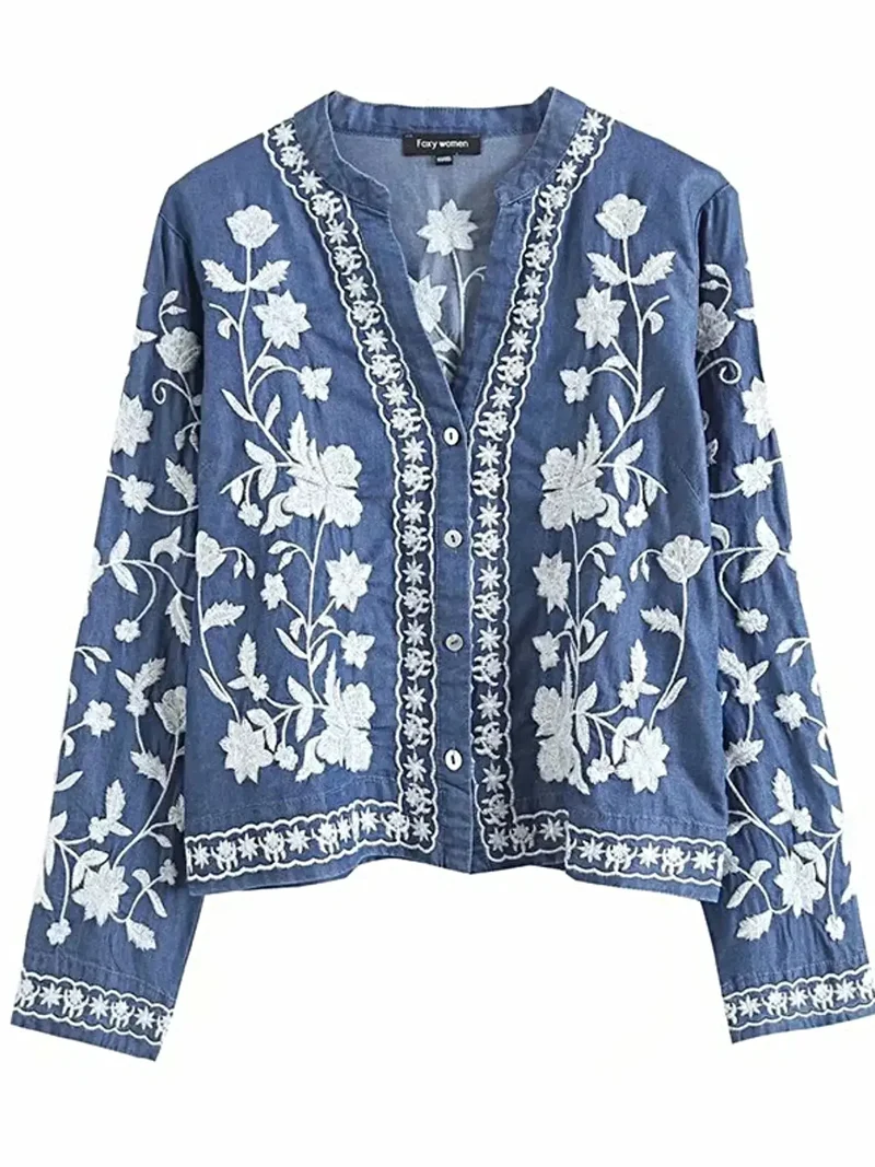 Elegant overhemd met bloemenborduurwerk - Klassieke denim top met knoopsluiting en tijdloos design.