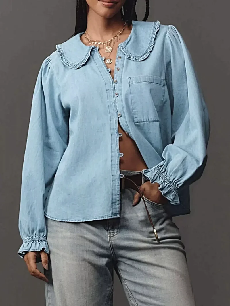 Shirt met Peter Pan-kraag - Gerimpelde denim blouse met knoopzakje, niet elastisch, 95% polyester