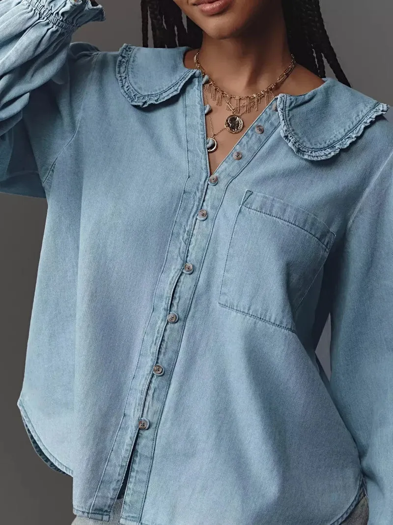Shirt met Peter Pan-kraag - Gerimpelde denim blouse met knoopzakje, niet elastisch, 95% polyester