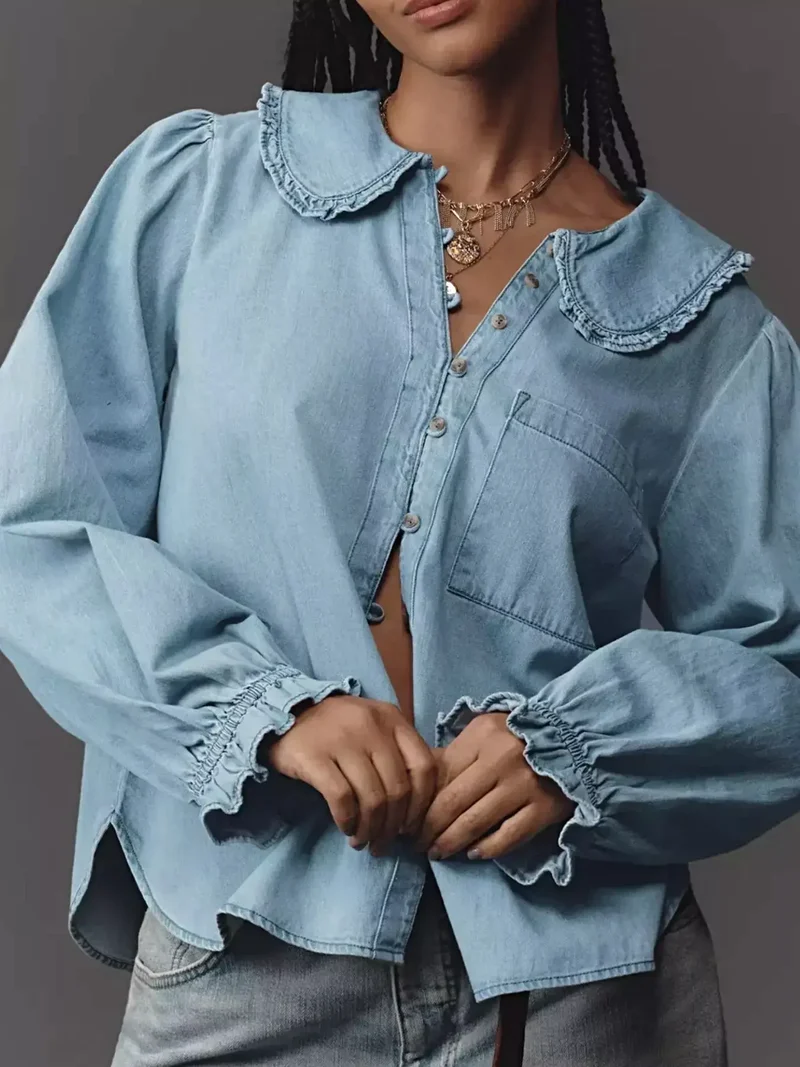 Shirt met Peter Pan-kraag - Gerimpelde denim blouse met knoopzakje, niet elastisch, 95% polyester