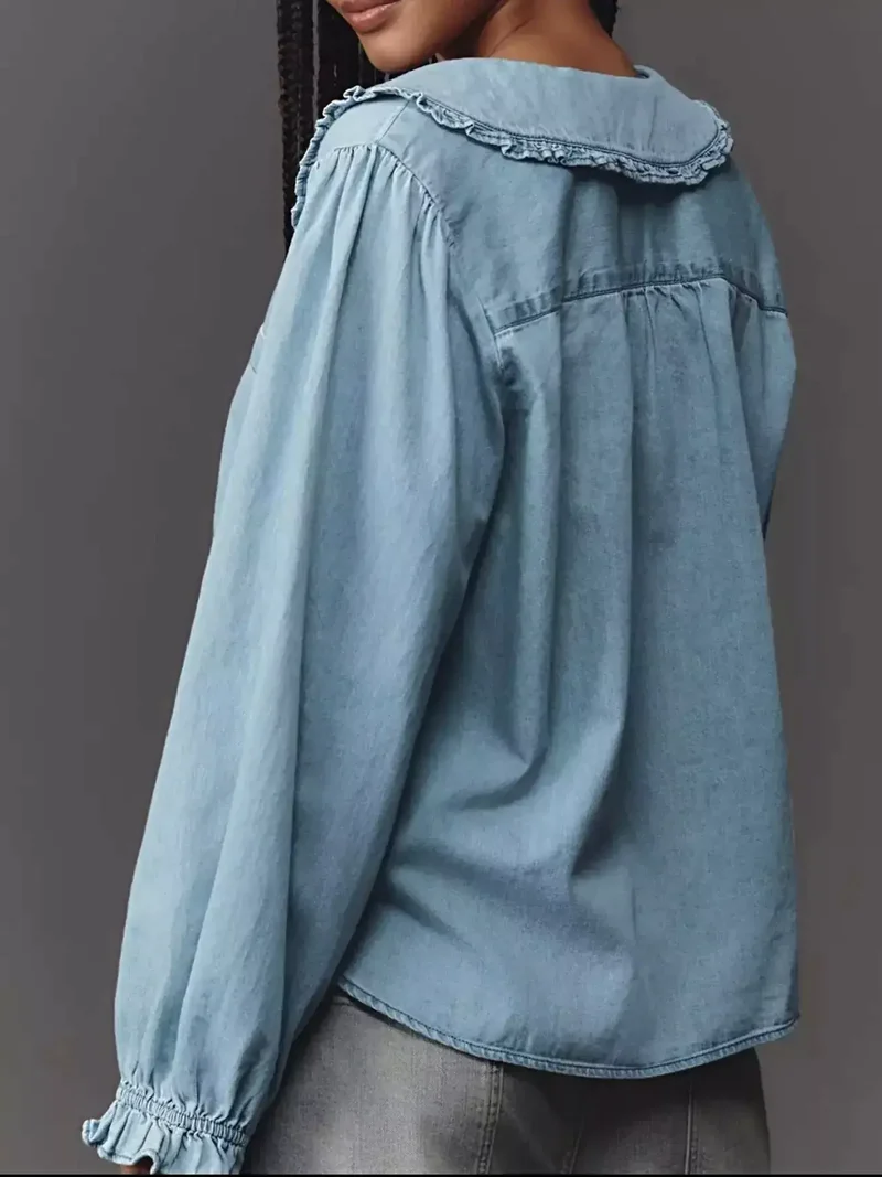 Shirt met Peter Pan-kraag - Gerimpelde denim blouse met knoopzakje, niet elastisch, 95% polyester