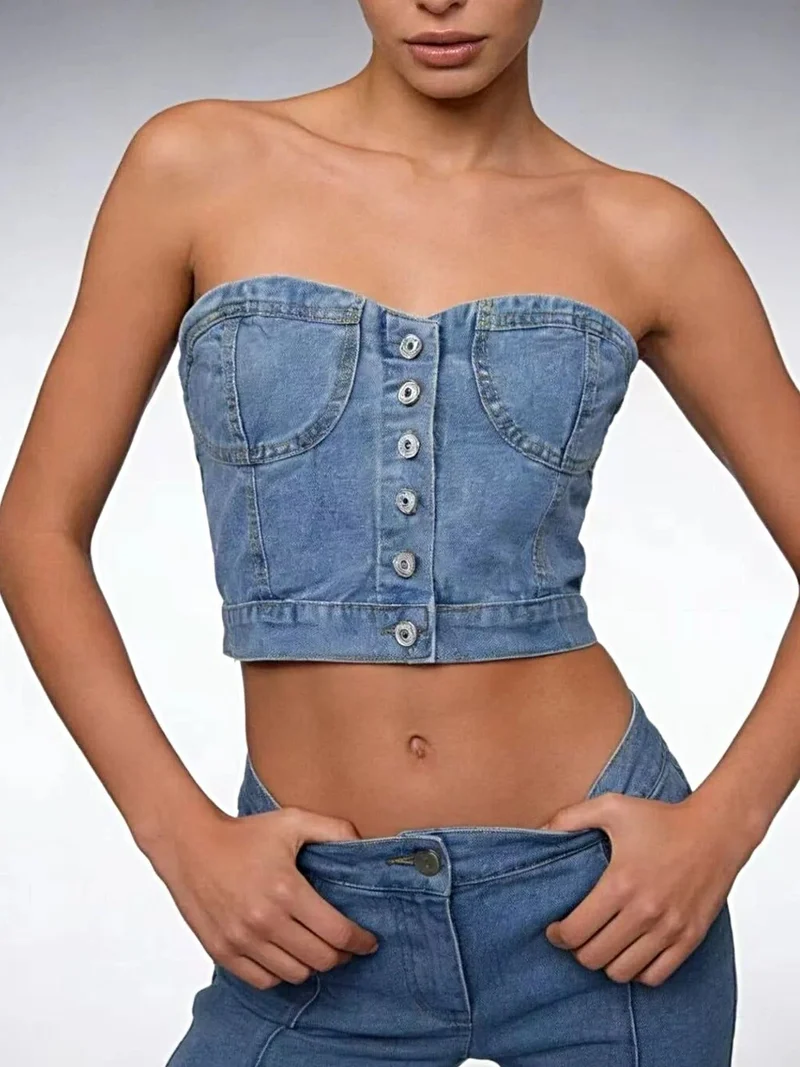 Geplooide denim tube top met knoopsluiting aan de voorkant - stijlvolle zomeressential van katoenmix