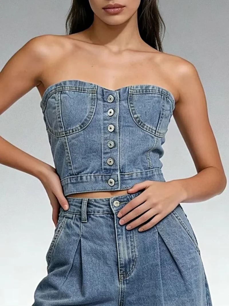 Geplooide denim tube top met knoopsluiting aan de voorkant - stijlvolle zomeressential van katoenmix