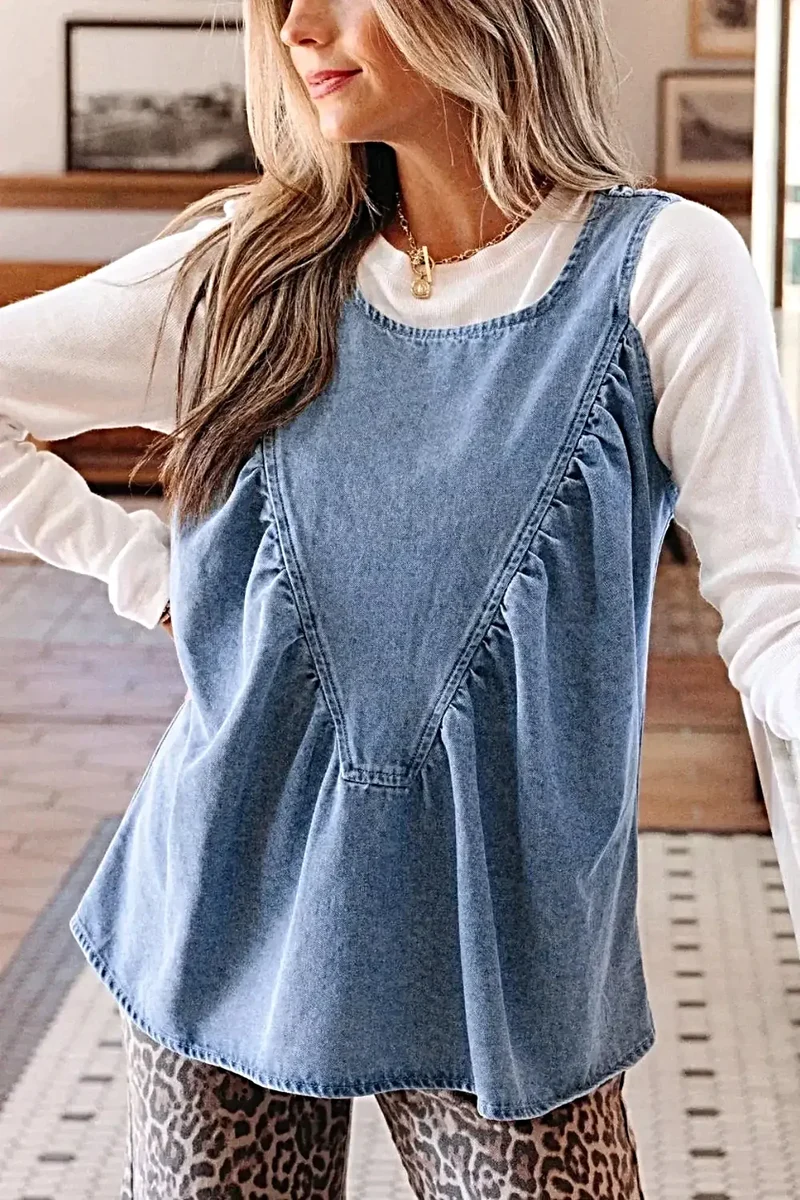 Gerimpelde denim blouse - Mouwloze top in patchworkstijl van een katoenmix