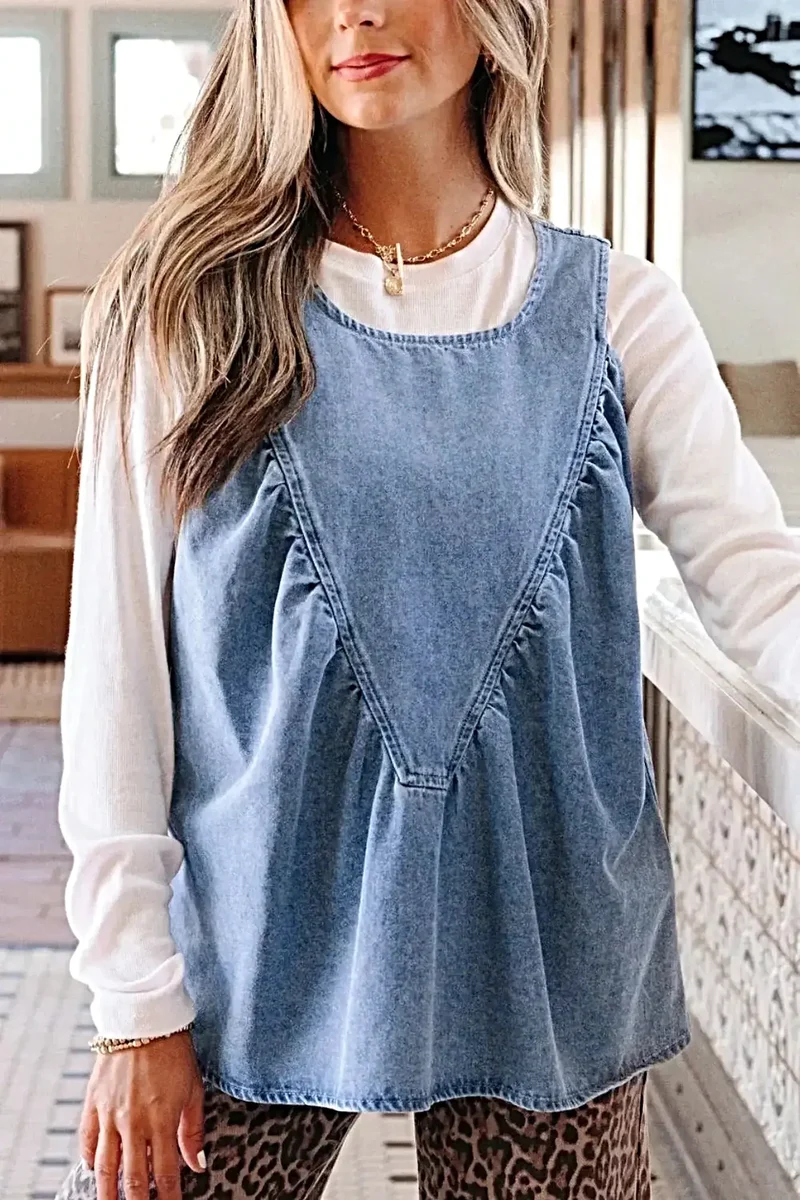 Gerimpelde denim blouse - Mouwloze top in patchworkstijl van een katoenmix