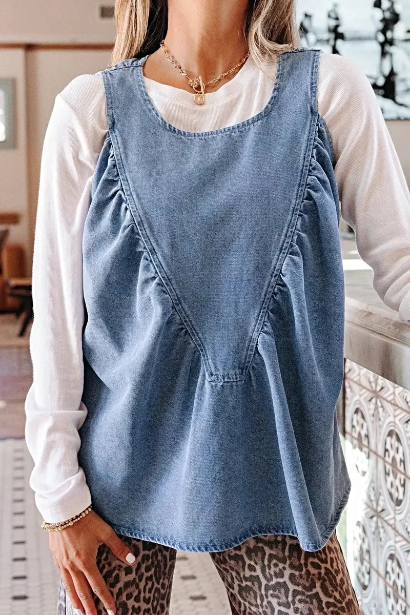 Gerimpelde denim blouse - Mouwloze top in patchworkstijl van een katoenmix