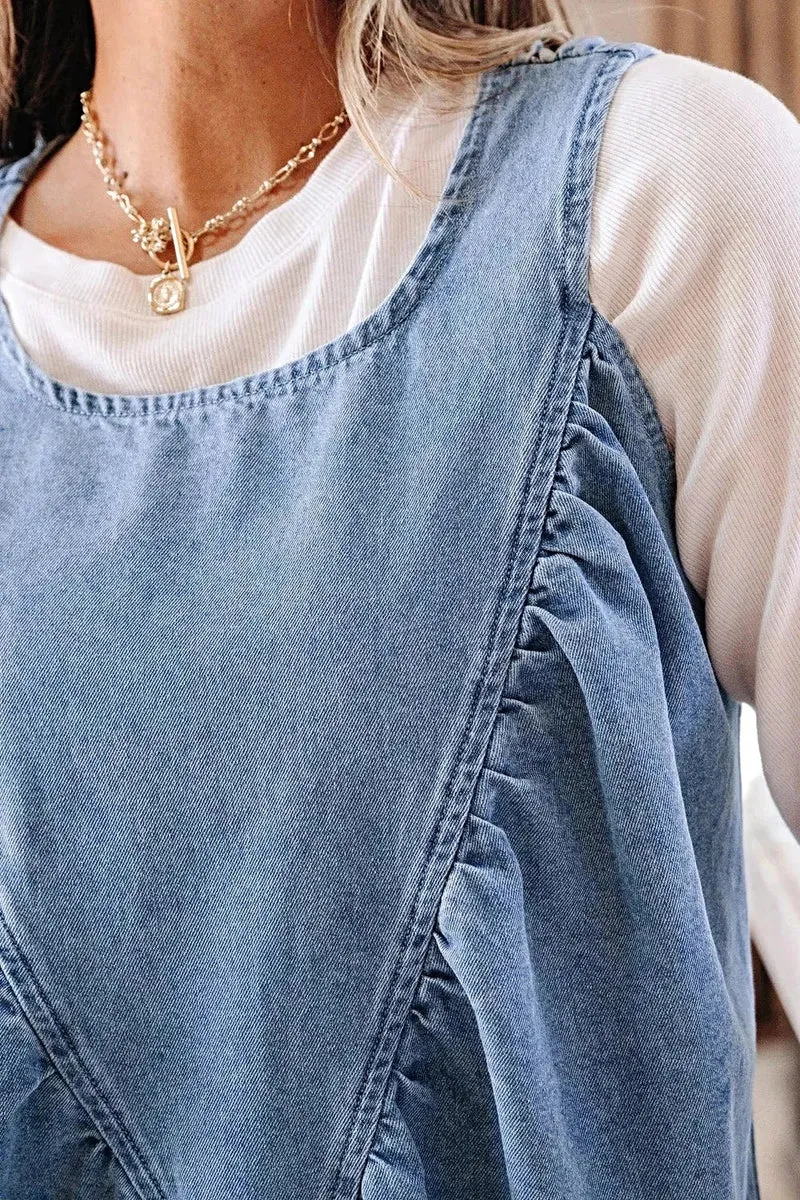 Gerimpelde denim blouse - Mouwloze top in patchworkstijl van een katoenmix