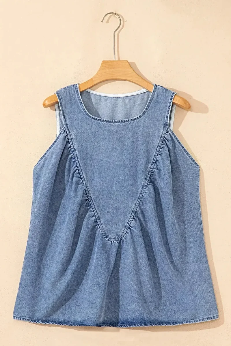 Gerimpelde denim blouse - Mouwloze top in patchworkstijl van een katoenmix