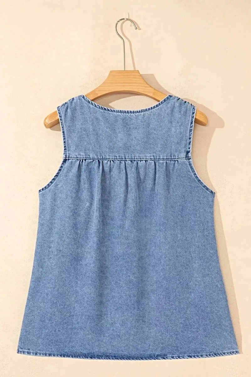 Gerimpelde denim blouse - Mouwloze top in patchworkstijl van een katoenmix