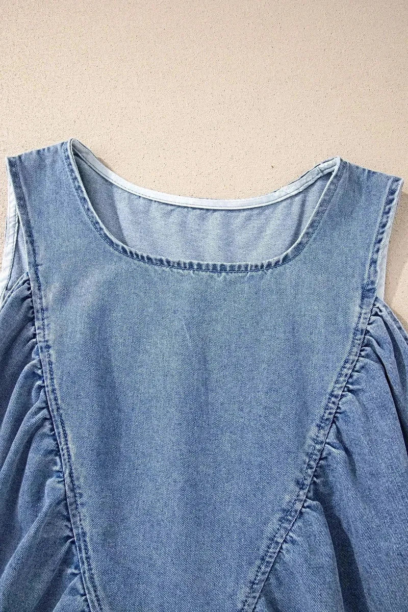 Gerimpelde denim blouse - Mouwloze top in patchworkstijl van een katoenmix