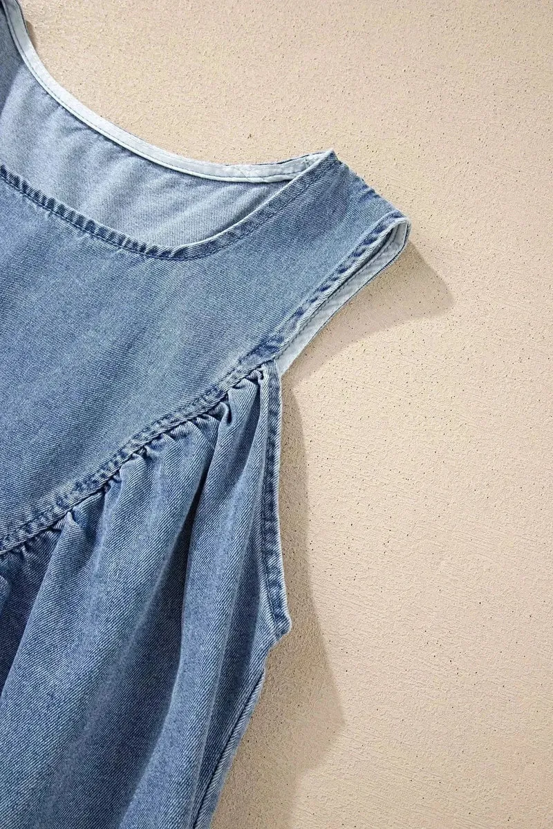 Gerimpelde denim blouse - Mouwloze top in patchworkstijl van een katoenmix