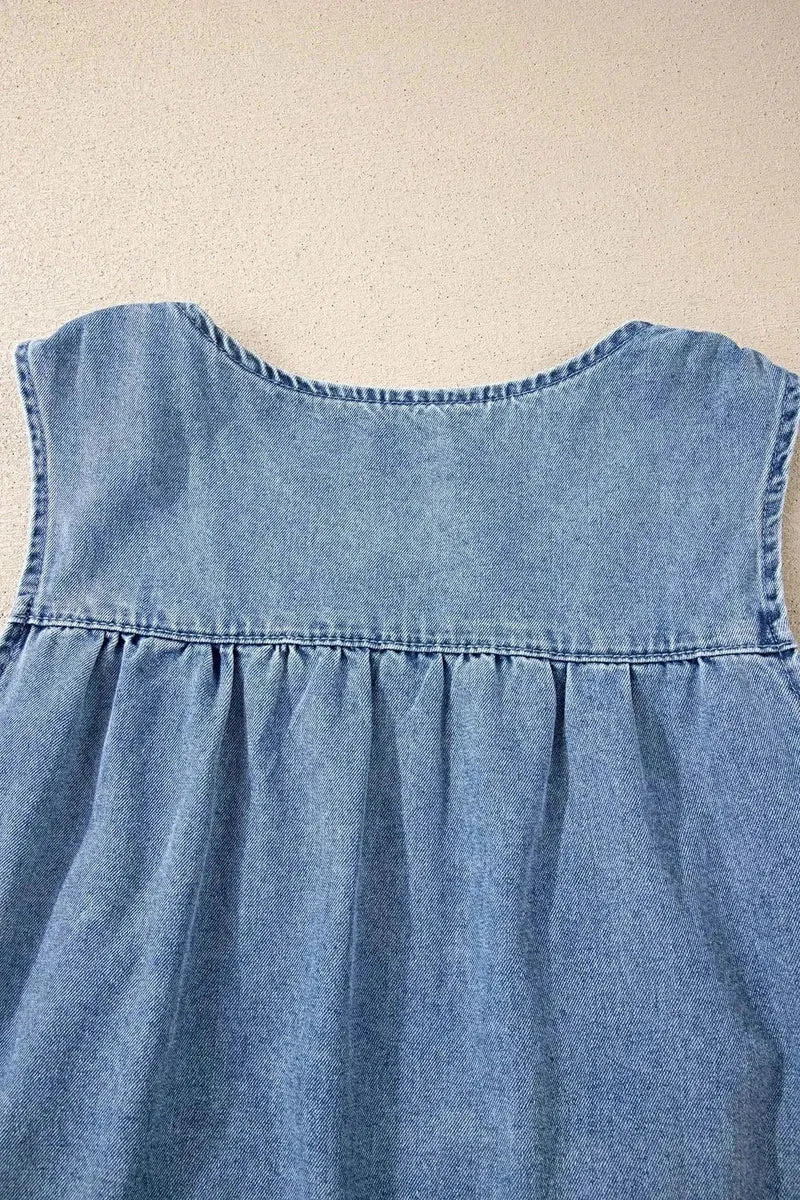 Gerimpelde denim blouse - Mouwloze top in patchworkstijl van een katoenmix