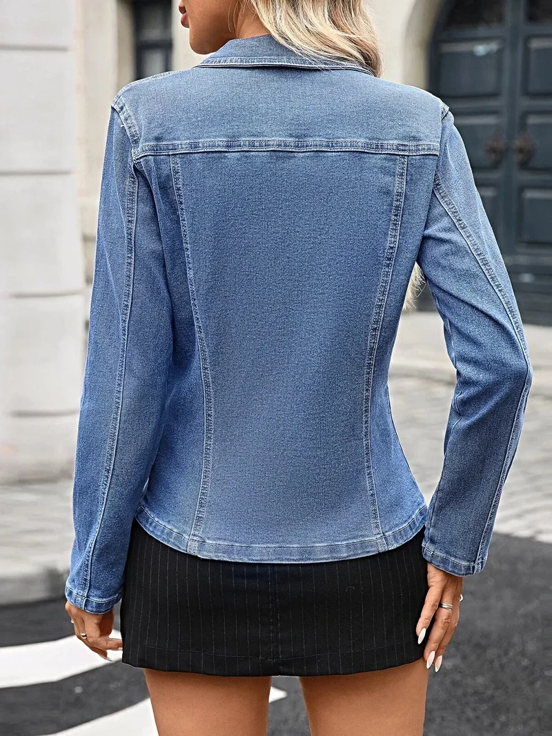 Trendsi dames denim jasje met knoopsluiting - lange mouwen, knoopsluiting en zakken, licht elastische stof