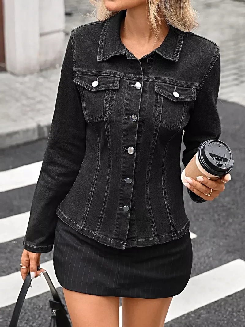 Trendsi dames denim jasje met knoopsluiting - lange mouwen, knoopsluiting en zakken, licht elastische stof