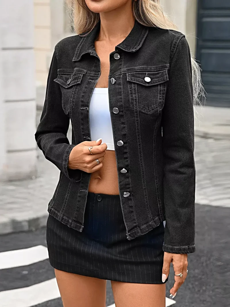 Trendsi dames denim jasje met knoopsluiting - lange mouwen, knoopsluiting en zakken, licht elastische stof