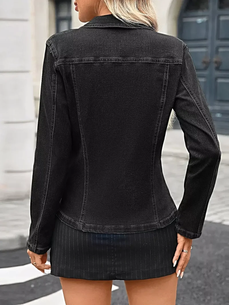 Trendsi dames denim jasje met knoopsluiting - lange mouwen, knoopsluiting en zakken, licht elastische stof