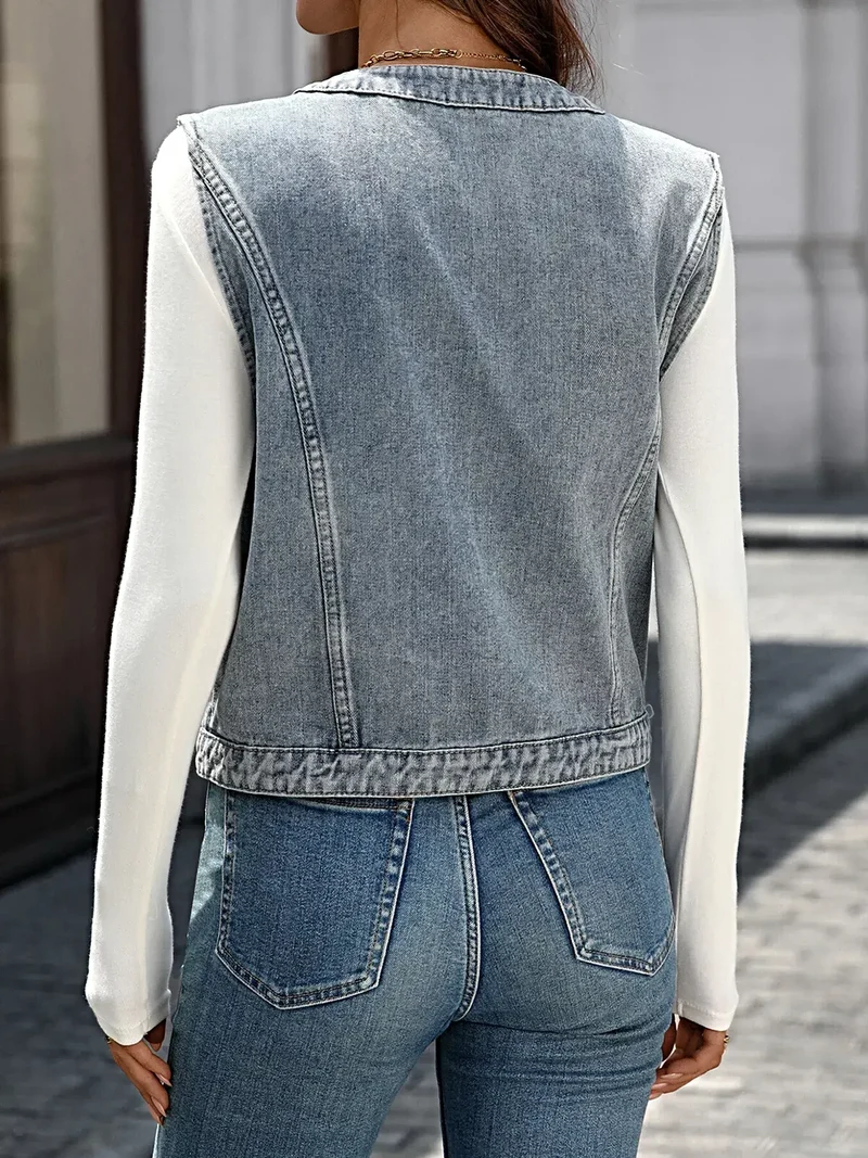 Luxe denim vest met knoopsluiting en zakken - 95% rayon, 5% polyester, machinewasbaar