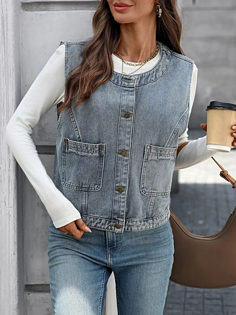 Luxe denim vest met knoopsluiting en zakken - 95% rayon, 5% polyester, machinewasbaar