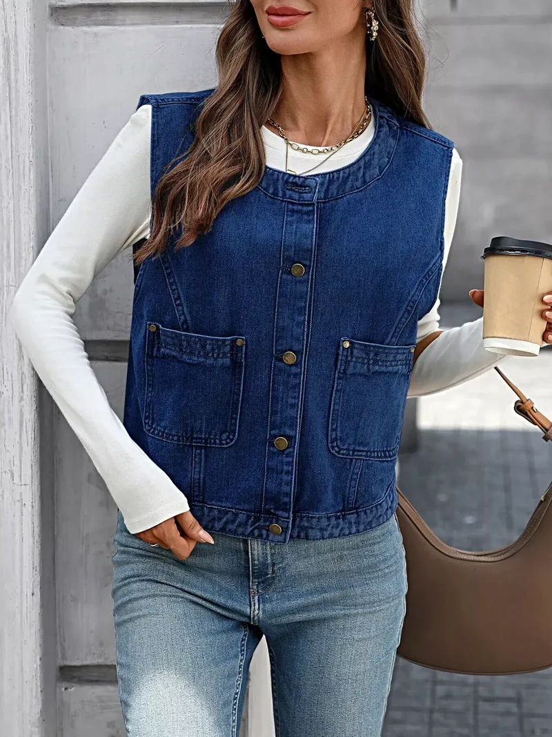 Luxe denim vest met knoopsluiting en zakken - 95% rayon, 5% polyester, machinewasbaar