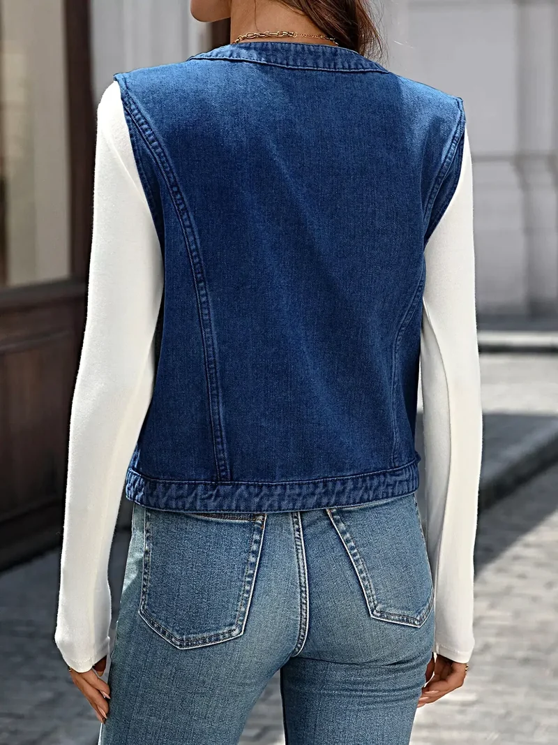 Luxe denim vest met knoopsluiting en zakken - 95% rayon, 5% polyester, machinewasbaar