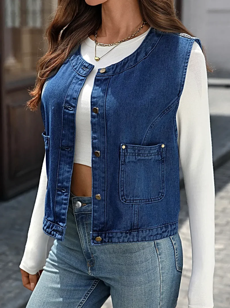 Luxe denim vest met knoopsluiting en zakken - 95% rayon, 5% polyester, machinewasbaar