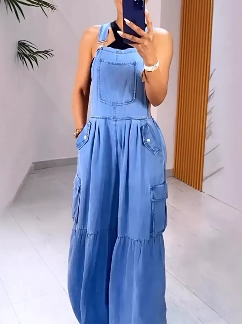 Overalls met wijde pijpen en zakken in grote maten - Comfortabele en stijlvolle denimstof.