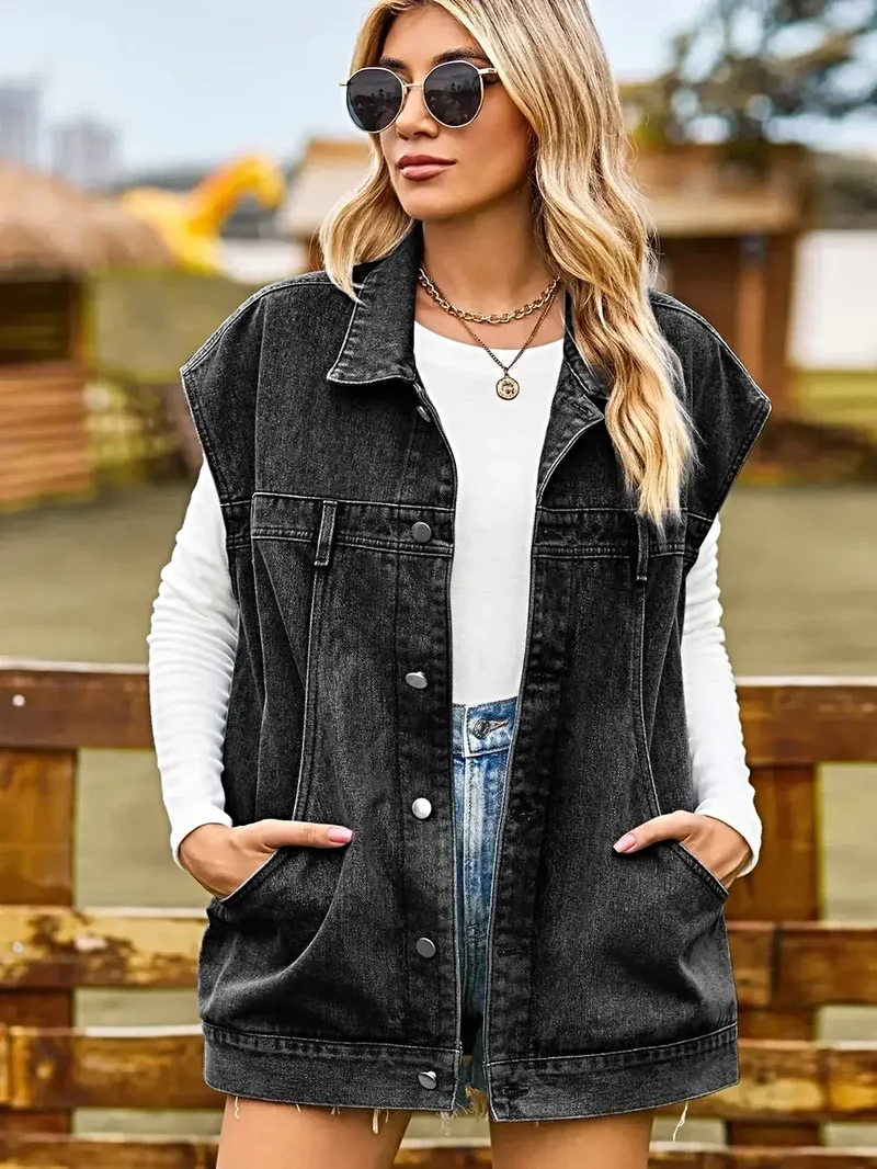 Elegant mouwloos denim jasje met kraag en knoopsluiting – tijdloze stijl, niet elastisch