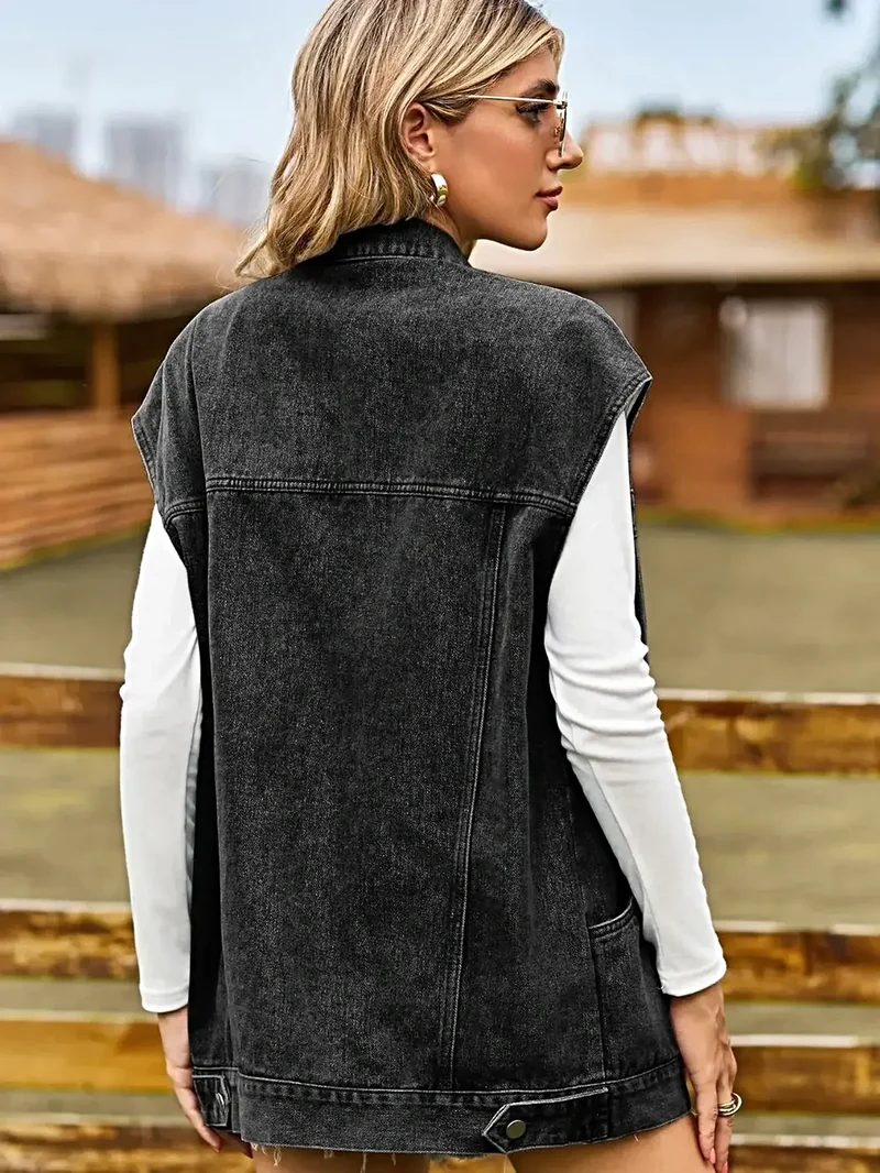 Elegant mouwloos denim jasje met kraag en knoopsluiting – tijdloze stijl, niet elastisch