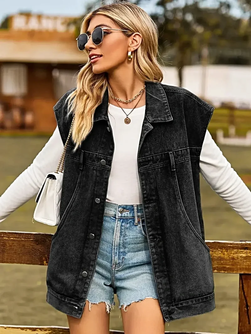 Elegant mouwloos denim jasje met kraag en knoopsluiting – tijdloze stijl, niet elastisch