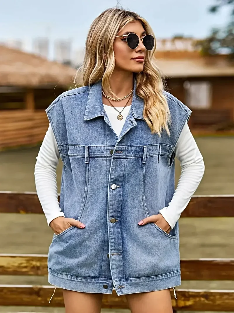 Elegant mouwloos denim jasje met kraag en knoopsluiting – tijdloze stijl, niet elastisch
