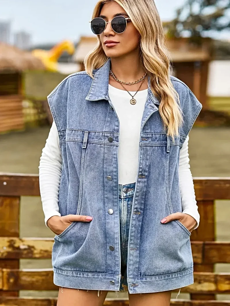 Elegant mouwloos denim jasje met kraag en knoopsluiting – tijdloze stijl, niet elastisch